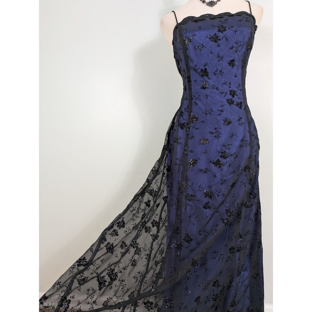 Vintage Betsy Adam Prom Dress Maxi Gown M Blue Black 90s Goth Velvet Floral - Picture 6 of 14
